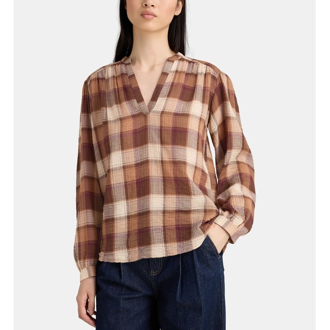 Blouse confort olone à carreaux coton bio marron et rouge <span itemprop=