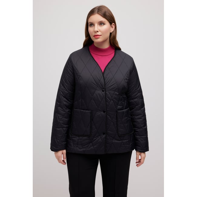 Veste matelassée, bordure en perles, col en V noir <span itemprop=
