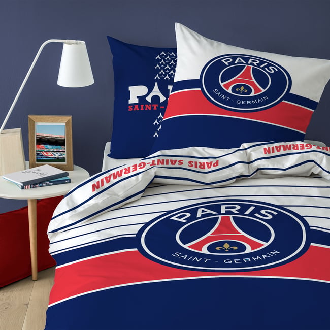 Parure de lit imprimée 100% coton, Paris Saint Germain LOGO bleu <span itemprop=