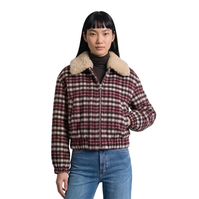 Blouson en laine à carreaux, coupe regular avec un col en peluche amovible blanc <span itemprop=