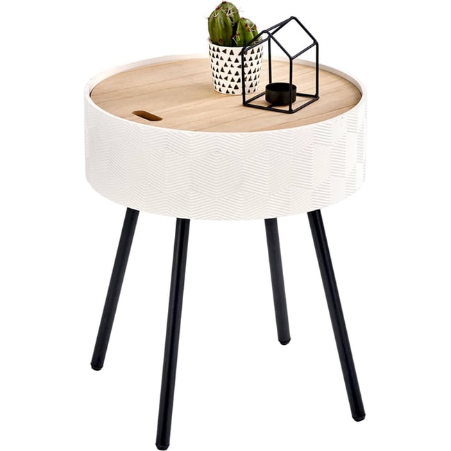 Table basse ronde GIKOBLE en bois avec rangement Couleur blanc noir et bois naturel <span itemprop=