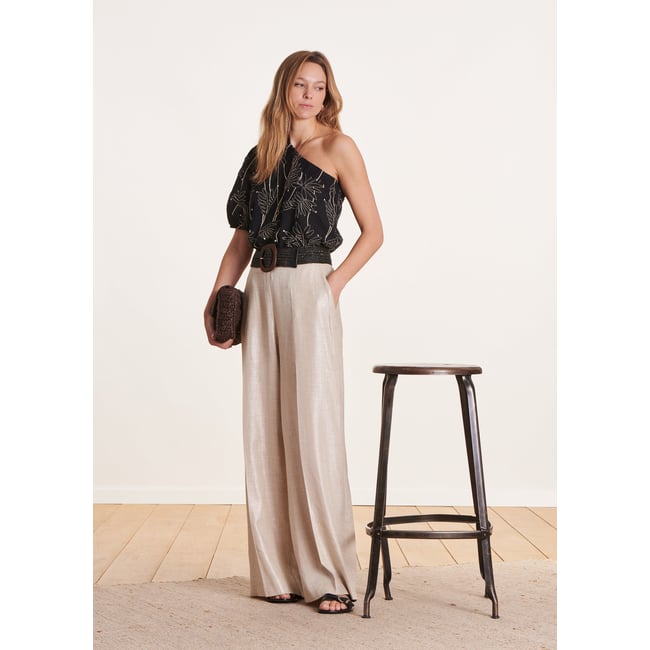 Pantalon à taille haute en lin foiled greige <span itemprop=
