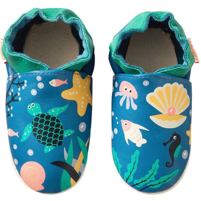 Chaussons bébé cuir souple Marie Claire sous la mer bleu <span itemprop=