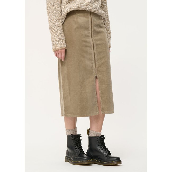 Jupe crayon taille haute en velours côtelé camel <span itemprop=