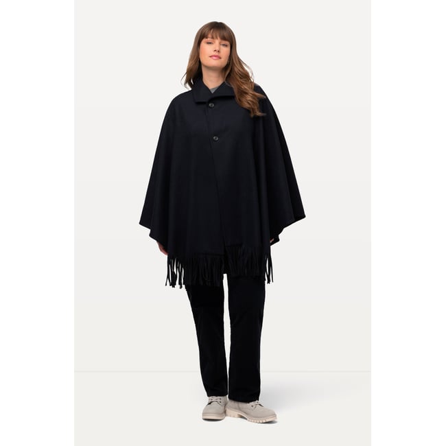 Poncho en laine mélangée à col montant et marine <span itemprop=