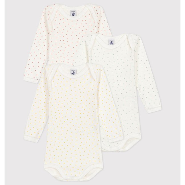 Pack of 3 Bodysuits in Cotton with Long Sleeves, white, PETIT BATEAU