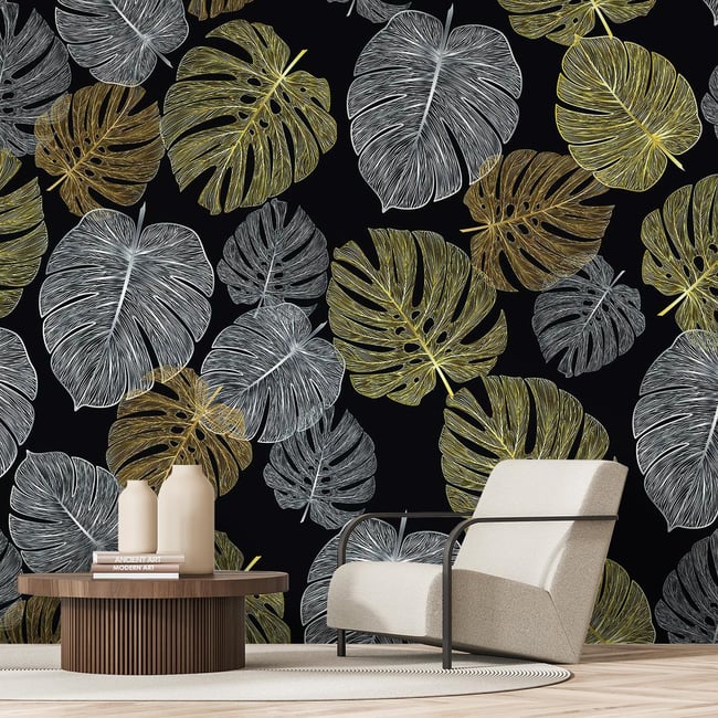 Papier peint et feuilles monstera sur fond noir Couleur intissé <span itemprop=