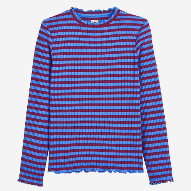 Gestreept T-shirt in ribtricot met ruches aan de kraag en lange mouwen <span itemprop=