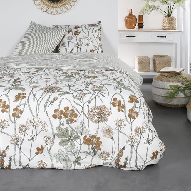 Parure de lit 2 personnes imprimé floral coton SUNSHINE ISMA blanc <span itemprop=