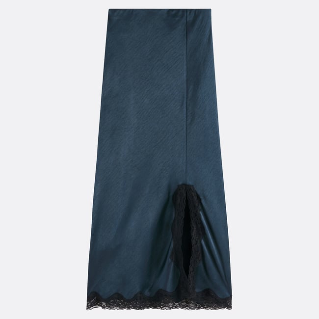 Straight Satin Skirt with Lace Detail, midnight blue, LA REDOUTE COLLECTIONS