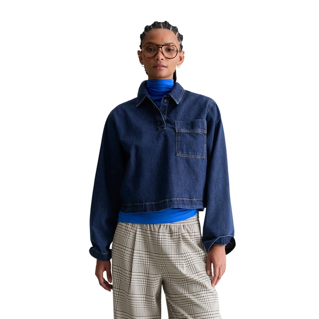 Polo en jean oversized en pur coton bio bleu fooncé <span itemprop=
