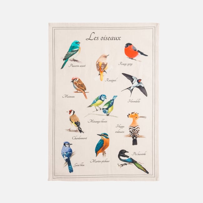Torchon imprimé en coton et lin LES OISEAUX blanc <span itemprop=
