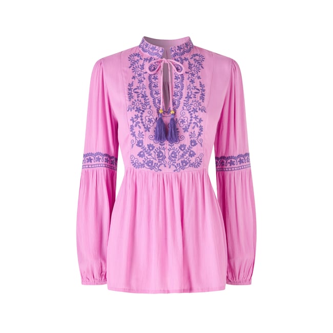 Blouse brodée à pompons remarquable rose <span itemprop=