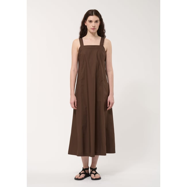 Robe longue trapèze en popeline de coton chocolat <span itemprop=