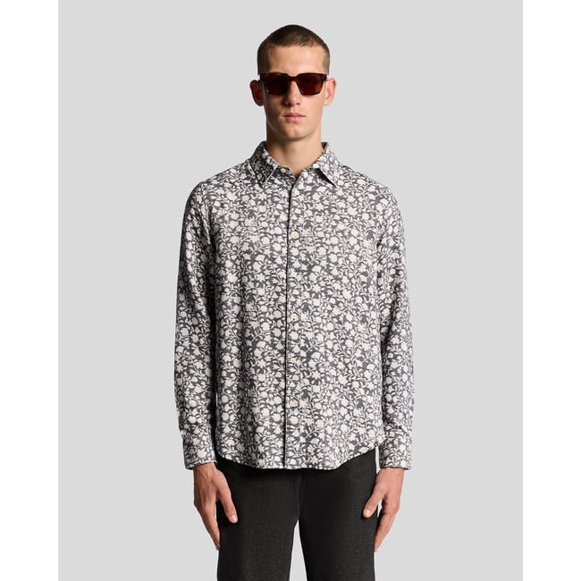 Chemise en mélange de viscose floral jacquard bleu jais noir/blanc <span itemprop=