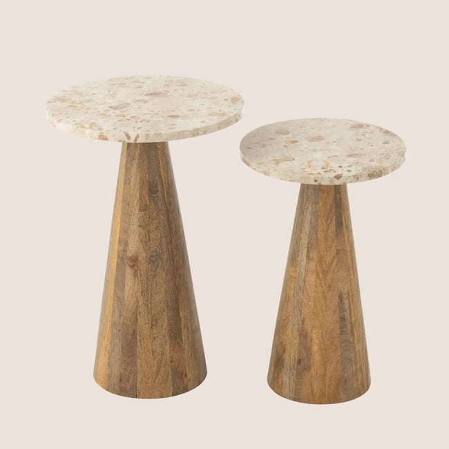Tables basses en marbre beige et pied bois D35 (set de 2) - ASO Couleur beige <span itemprop=