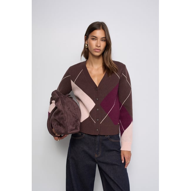CARDIGAN À MOTIF GÉOMÉTRIQUE marron <span itemprop=