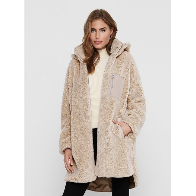 Manteau mi-long en sherpa, zippé à capuche beige <span itemprop=