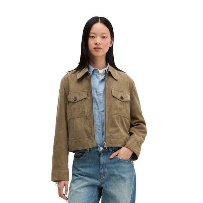 Blouson en daim, coupe régulière en cuir de chèvre velours souple marron <span itemprop=