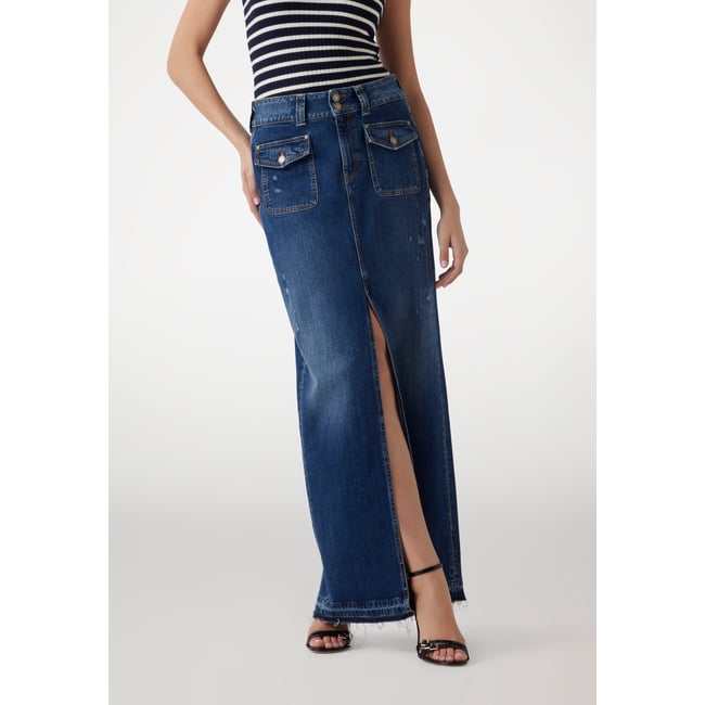 Jupe Midi En Jean Poches bleu <span itemprop=