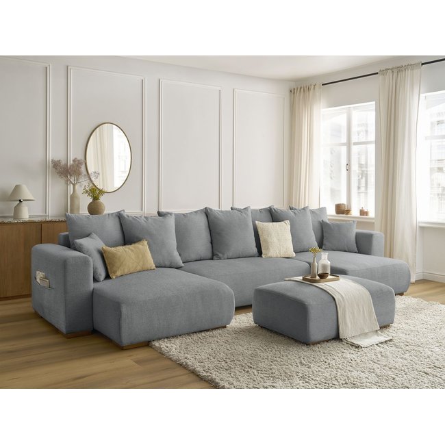 Canapé panoramique convertible 5 places en tissu chiné avec pouf, SIDONIE - BOBOCHIC