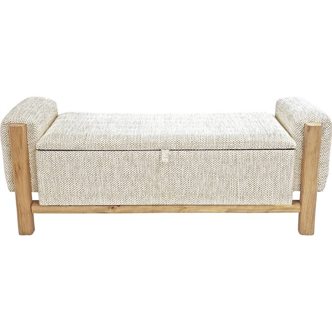 Banc coffre naturel avec assise rembourrée et accoudoirs Couleur beige chiné et bois naturel <span itemprop=