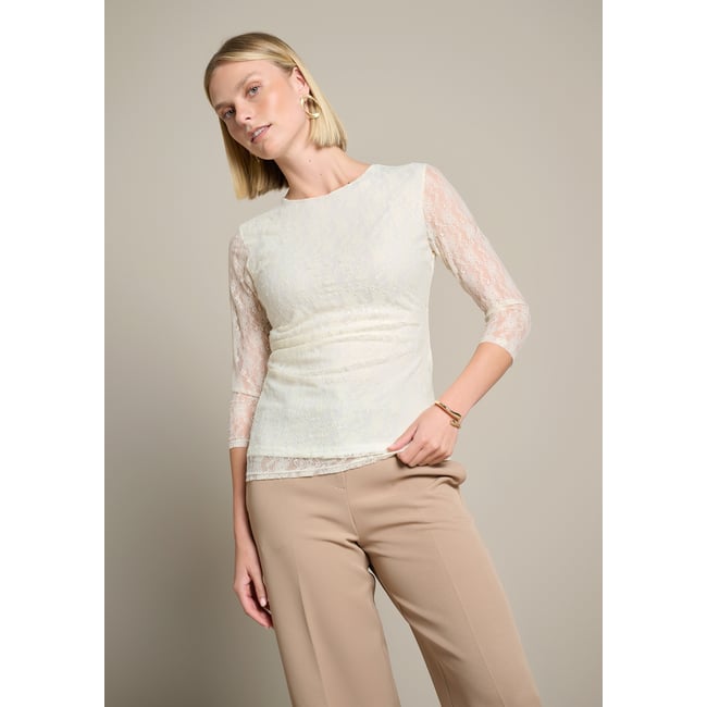 T-shirt drapé en dentelle blanc vanille <span itemprop=