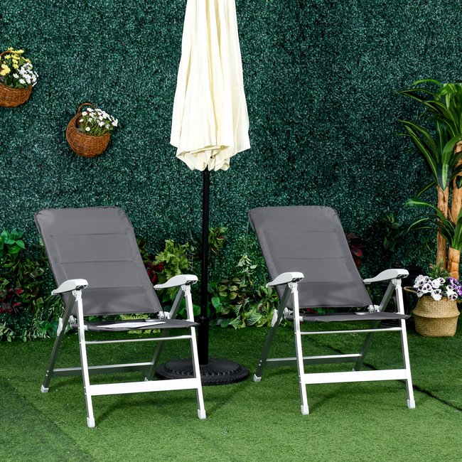 Lot de 2 chaises de jardin pliantes dossier haut inclinable alu. oxford déperlant gris gris <span itemprop=