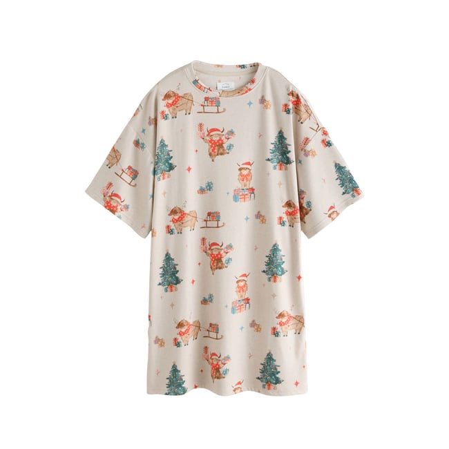 Chemise de nuit noël collection famille flocons d'avoine hamish la vache des highlands <span itemprop=