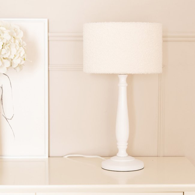 Light Wood Candle Stick Table Lamp with Boucle Shade - SO'HOME