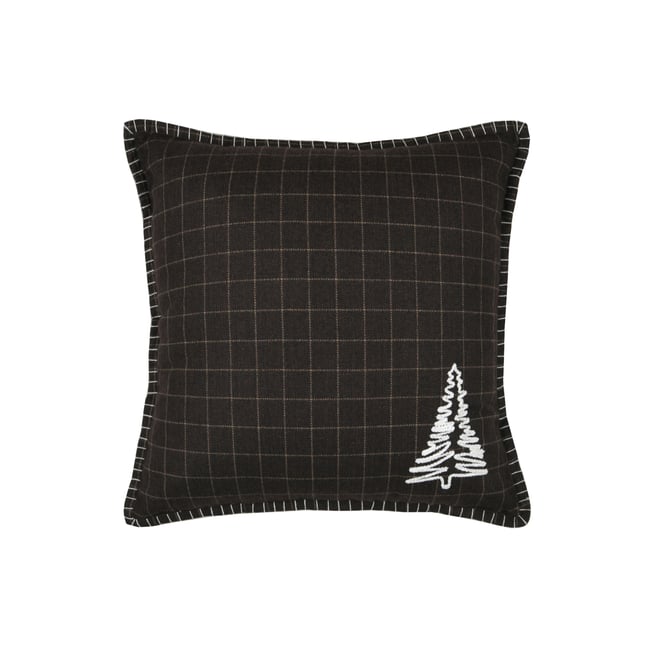 Coussin décoratif carré à carreaux et motif sapin marron brun <span itemprop=