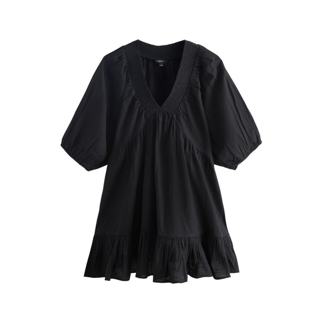 Mini robe à col v et manches bouffantes noir <span itemprop=