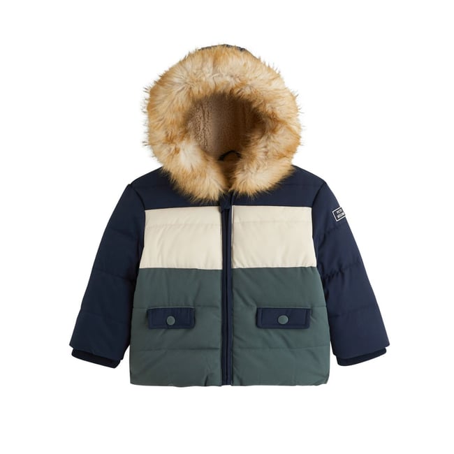 Doudoune enfant imperméable doublée sherpa avec capuche Noah bleu <span itemprop=