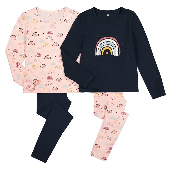 Lot de 2 pyjamas en coton imprimés arc-en-ciel bleu marine + rose <span itemprop=