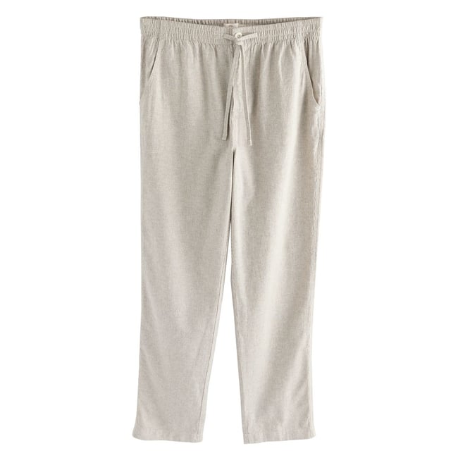 Pantalon en lin et coton à rayure écru/marron champignon <span itemprop=