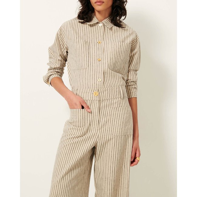 Notteri striped shacket in linen and cotton, black/ecru striped, SESSUN
