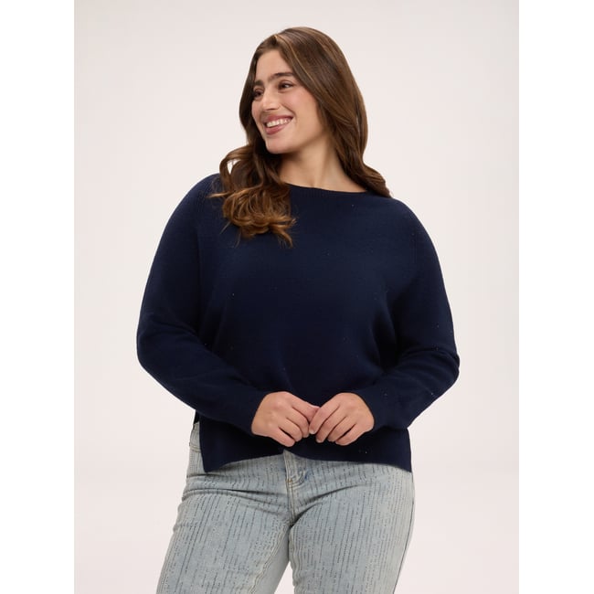Pull col rond à micro-paillettes bleu <span itemprop=
