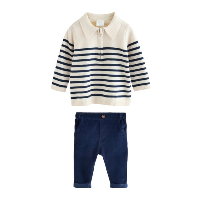 Ensemble bébé avec haut en maille et pantalon rayures bleu/crème <span itemprop=