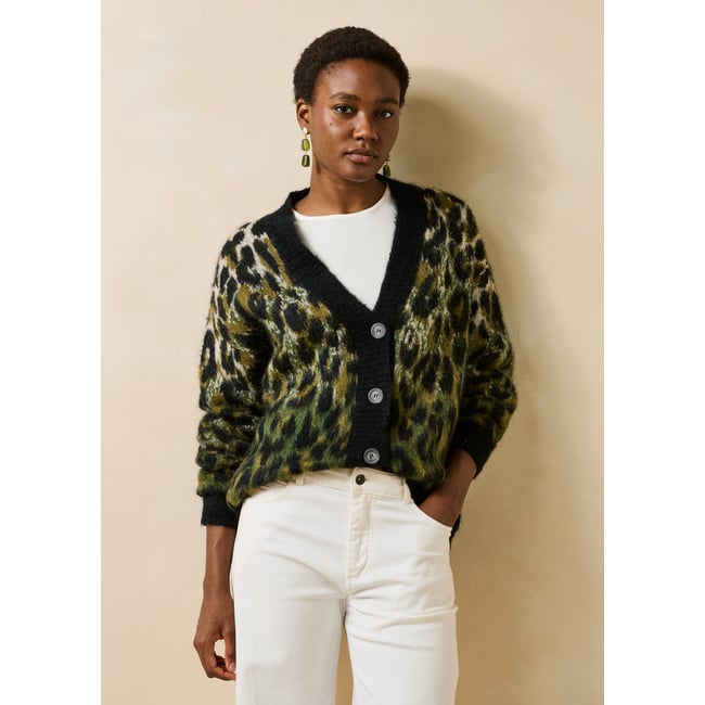 Gilet manches longues en jacquard col v kaki <span itemprop=