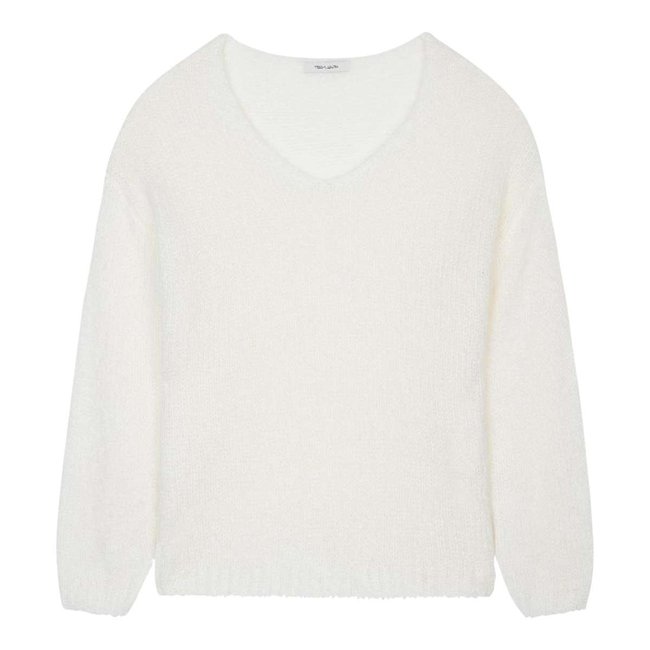 Pull col v laine mohair blanc <span itemprop=