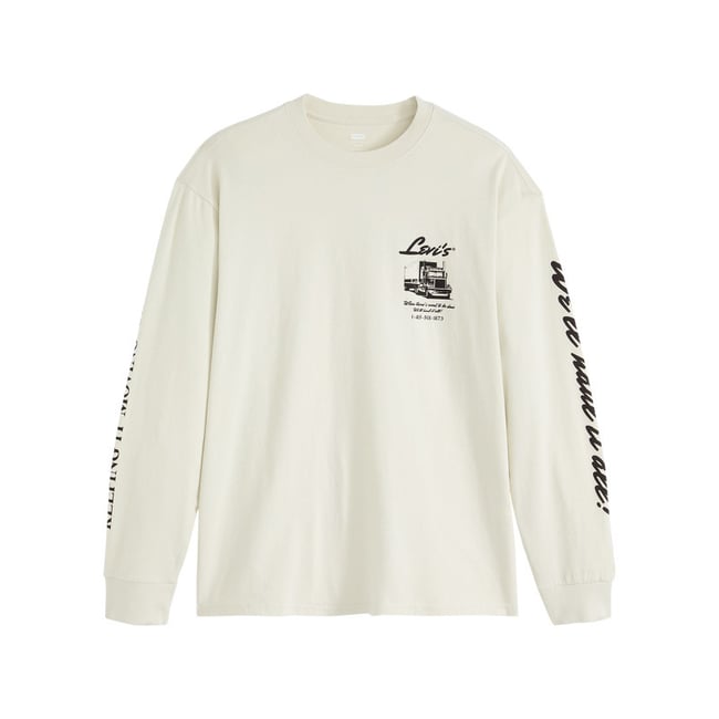 Pull en coton écru orné d'un imprimé camionneur et pourvu d'un col rond écru <span itemprop=