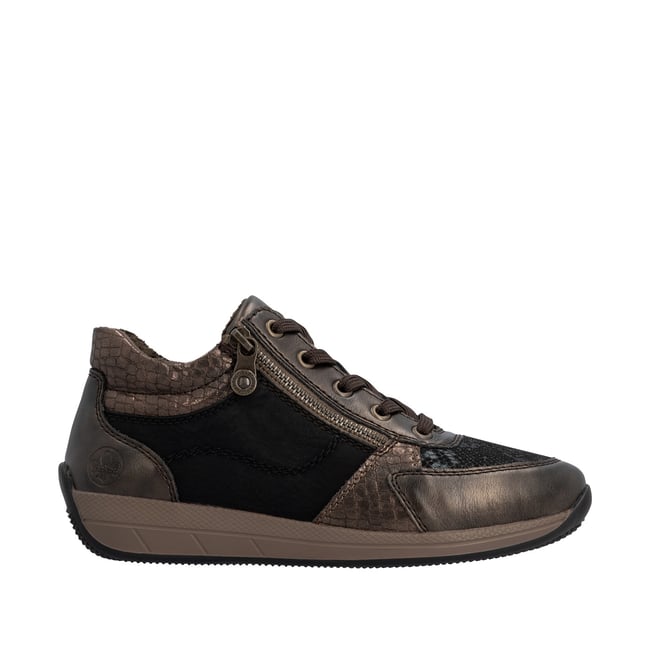 Sneakers bronze à talon plat pourvues de lacets et d'un zip latéral marron <span itemprop=