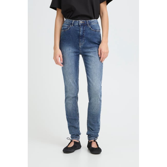 Jeans taille haute, coupe ajustée bleu medium blue <span itemprop=