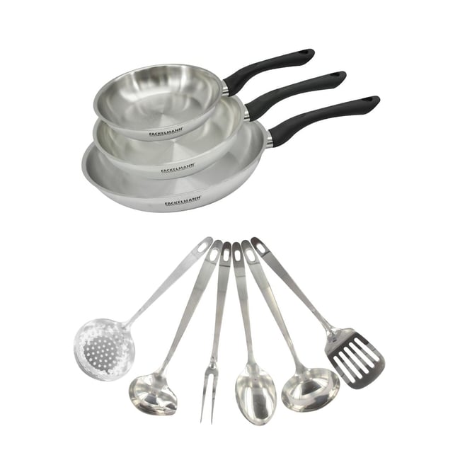 Set 3 poêles 20 24 et en inox et 6 ustensiles inox GENEVA inox|noir <span itemprop=