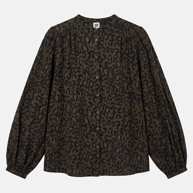 Chemise col mao oversize imprimé léopard, Signature LISE imprimé léopard/kaki <span itemprop=