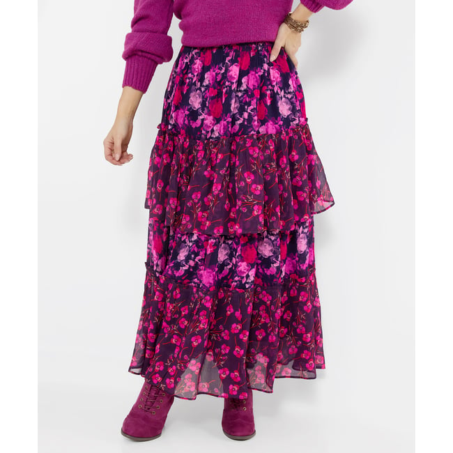 Jupe Longue Fleurie à Volants Étagés violet <span itemprop=