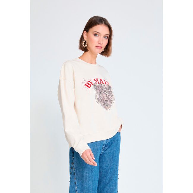 Sweat imprimé panthère à strass en coton ecru <span itemprop=