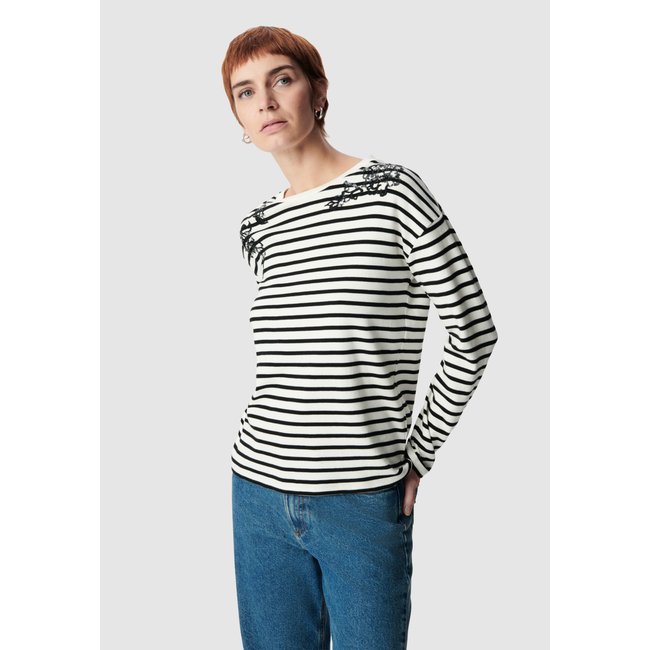 Tee-shirt marinière coton bio brodé épaules noir <span itemprop=
