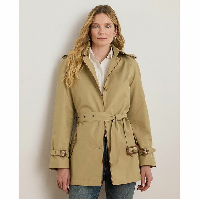 Trench court ceinturé, finitions cuir beige <span itemprop=