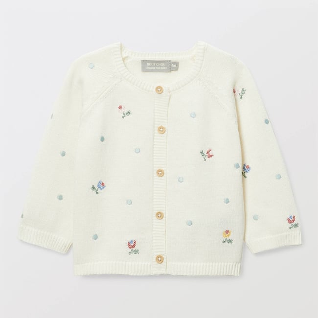 Cardigan brodé en point de croix en coton ecru <span itemprop=